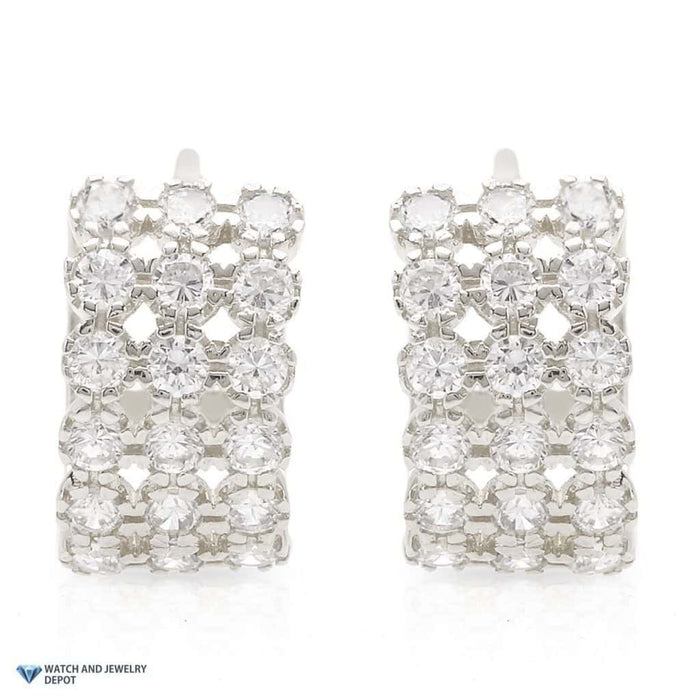 14K White Gold 1Ct CZ 3 Row Huggie Hoop Earrings 13mm