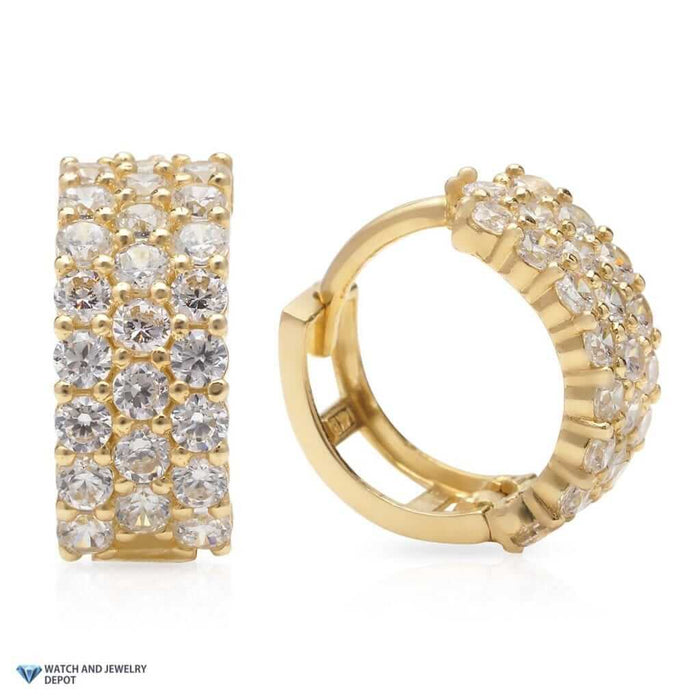 14k Yellow Gold 1Ct CZ Three Row Huggie Hoop Earrings