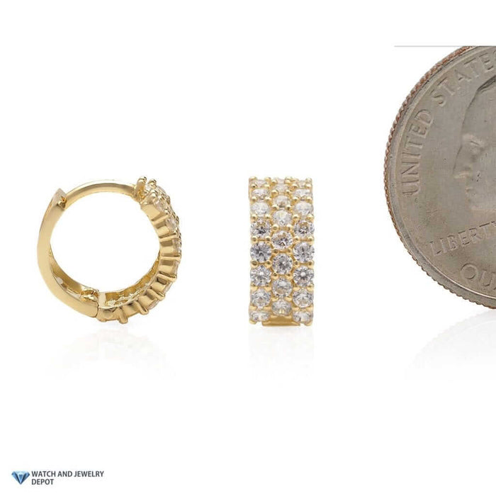 14k Yellow Gold 1Ct CZ Three Row Huggie Hoop Earrings