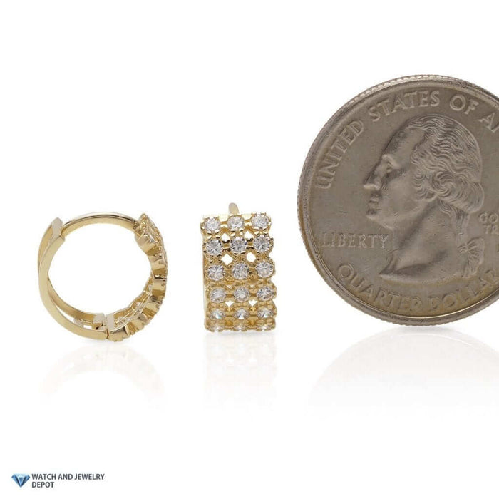 1Ct CZ 14K Yellow Gold 3 Row Huggie Hoop Earrings 0.5"