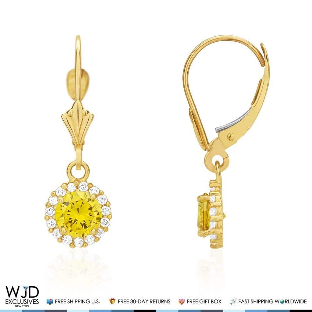 14K Yellow Gold CZ Halo Round Birthstone Earrings