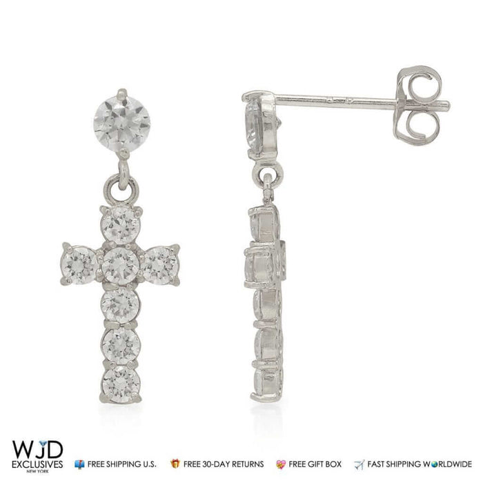 14K White Gold 1Ct CZ Cross Dangle Drop Earrings