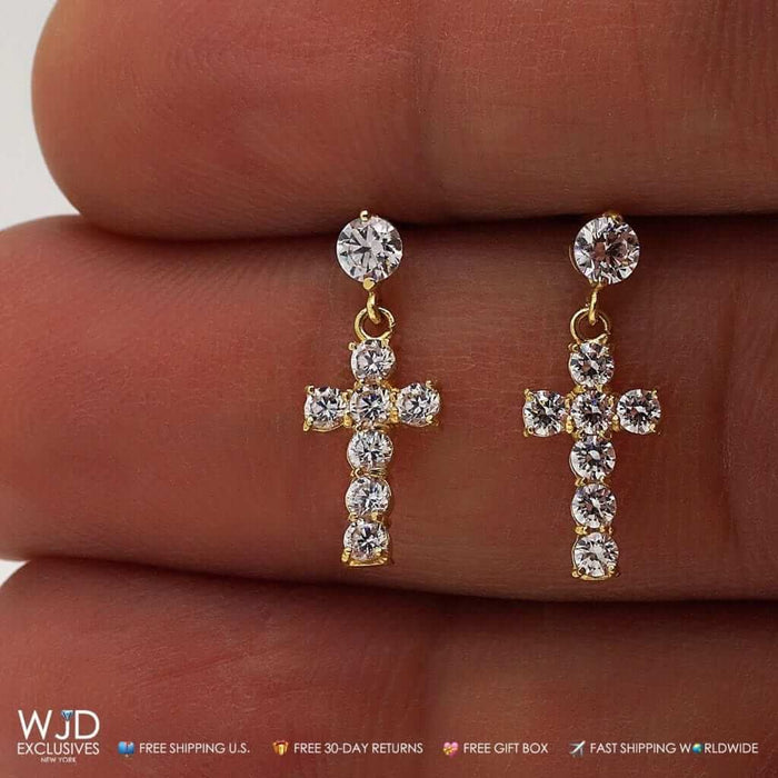 14K Yellow Gold 1Ct CZ Cross Dangle Earrings 0.7"