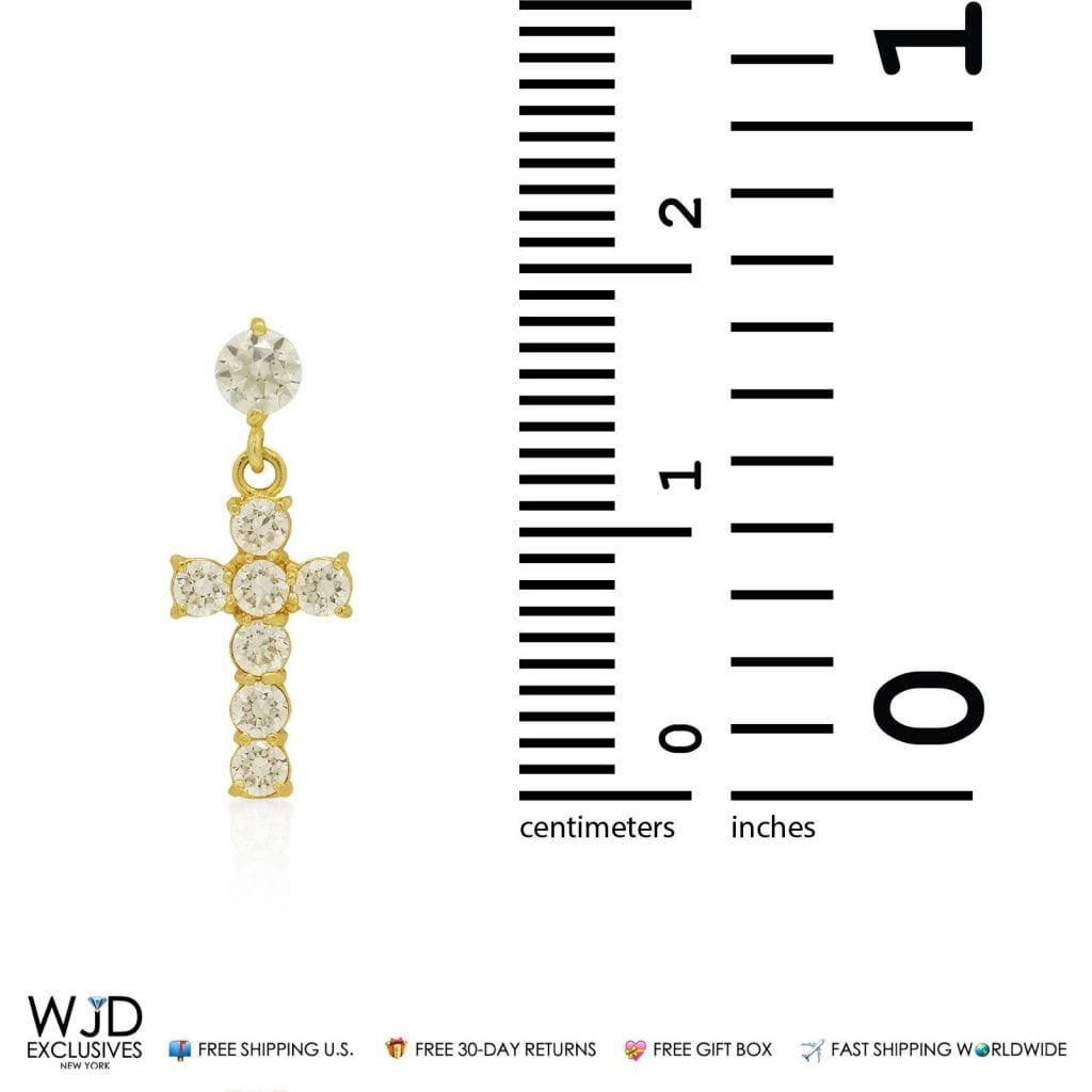 14K Yellow Gold 1Ct CZ Cross Dangle Earrings 0.7"