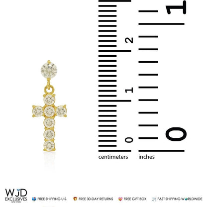 14K Yellow Gold 1Ct CZ Cross Dangle Earrings 0.7"