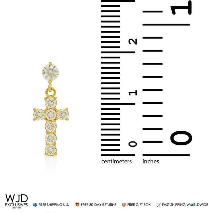 14K Yellow Gold 1Ct CZ Cross Dangle Earrings 0.7"