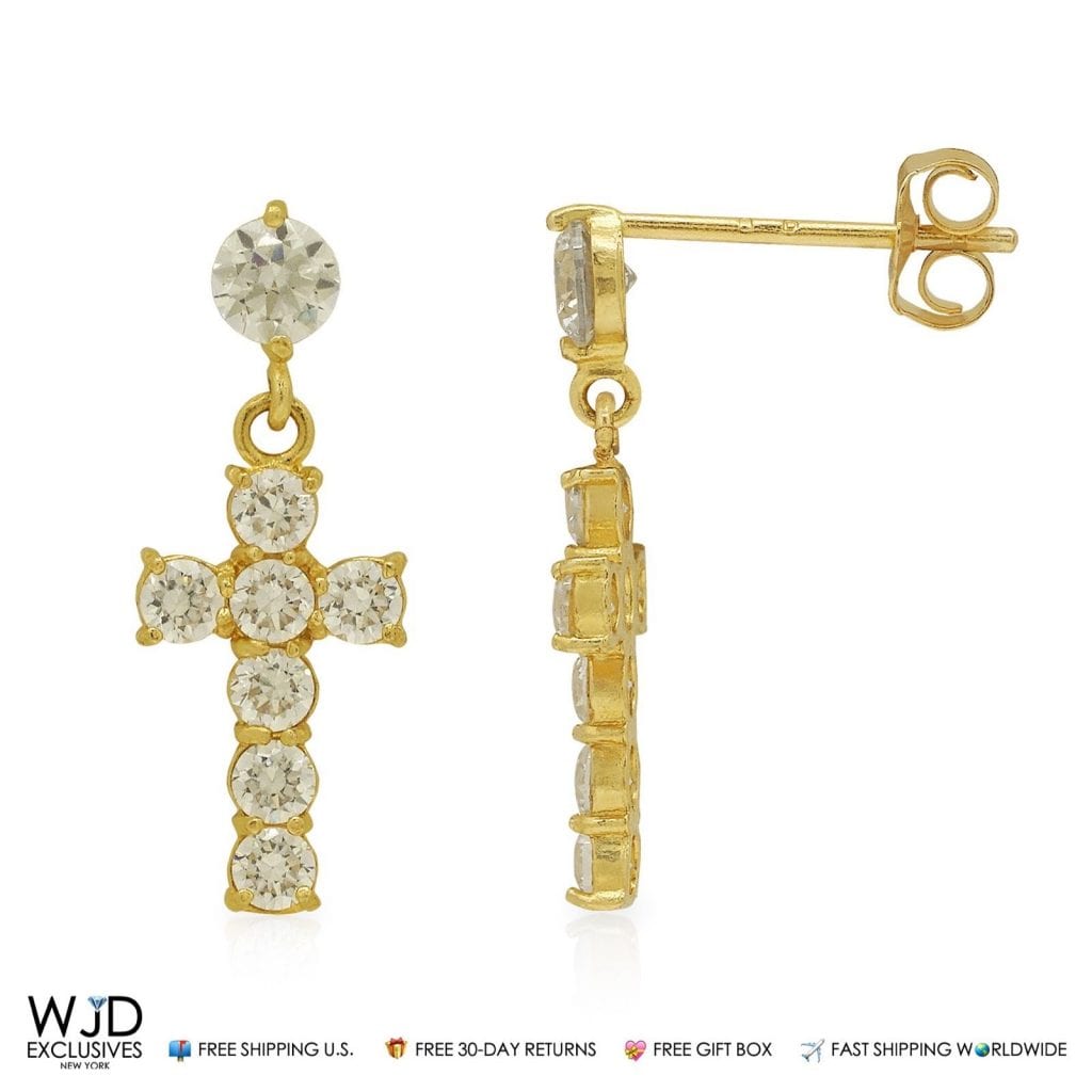 14K Yellow Gold 1Ct CZ Cross Dangle Earrings 0.7"