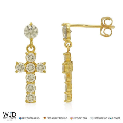14K Yellow Gold 1Ct CZ Cross Dangle Earrings 0.7"