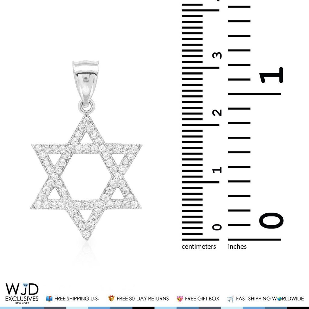 1Ct CZ David's Star Religious Charm Pendant 14k White Gold 1.2"