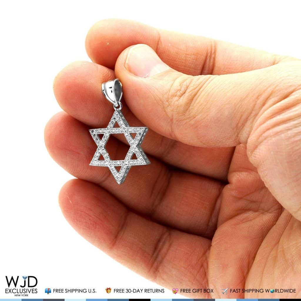1Ct CZ David's Star Religious Charm Pendant 14k White Gold 1.2"