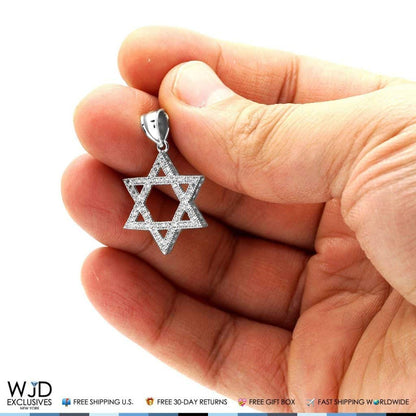 1Ct CZ David's Star Religious Charm Pendant 14k White Gold 1.2"