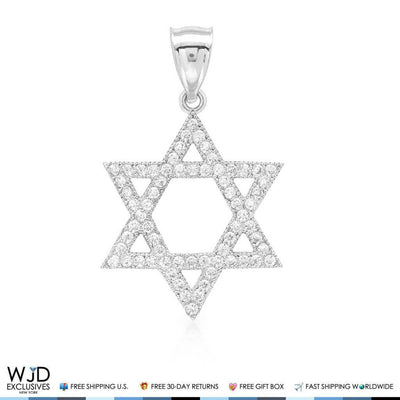 1Ct CZ David's Star Religious Pendant 14k White Gold 1.2"