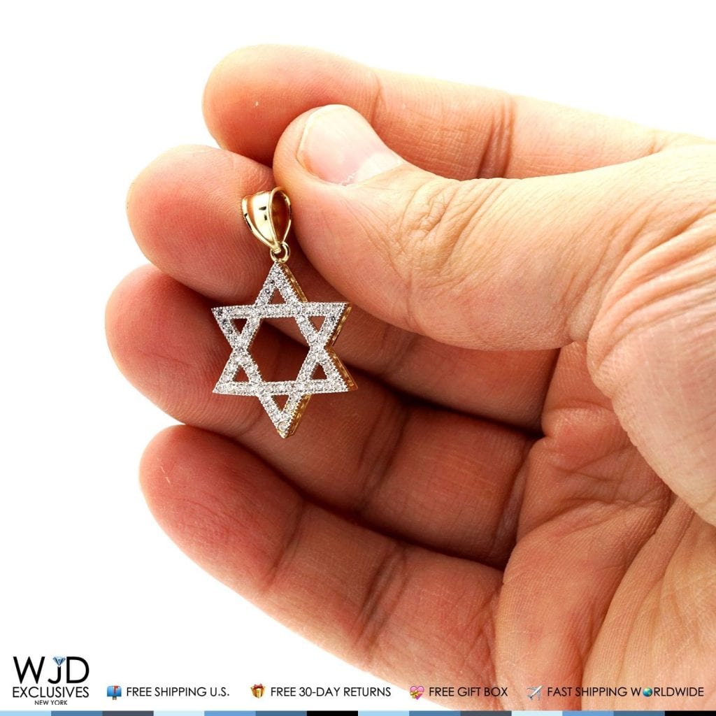1Ct CZ David's Star Religious Charm Pendant 14k Yellow Gold 1.2"