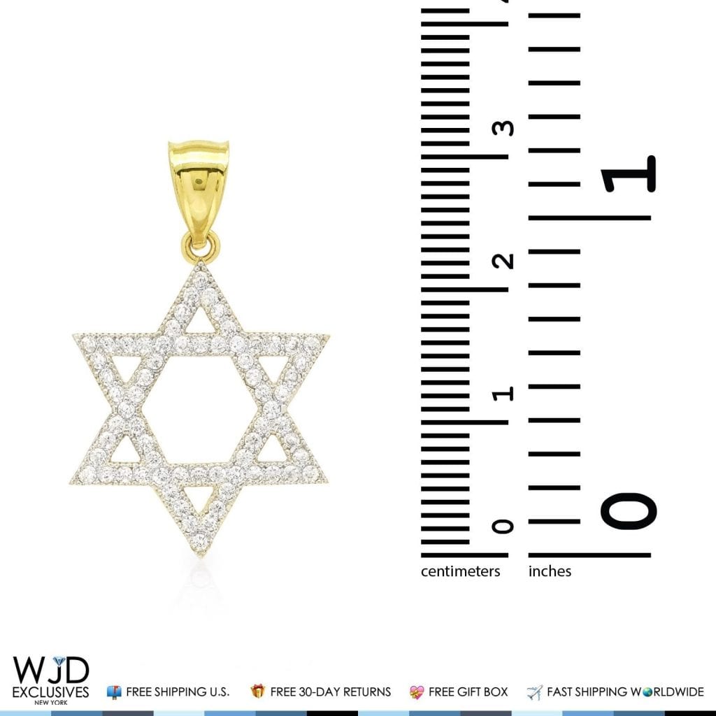 1Ct CZ David's Star Religious Charm Pendant 14k Yellow Gold 1.2"