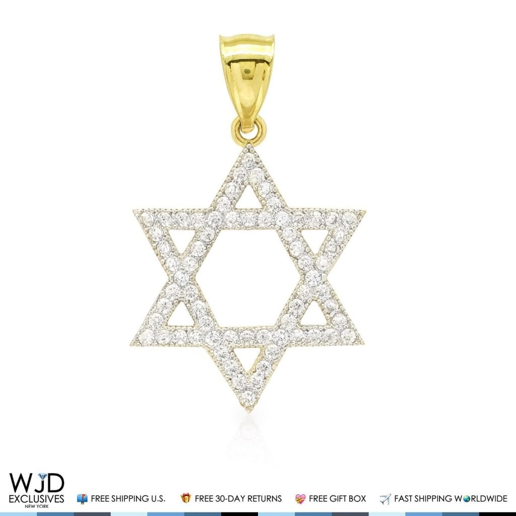 1Ct CZ David's Star Religious Charm Pendant 14k Yellow Gold 1.2"