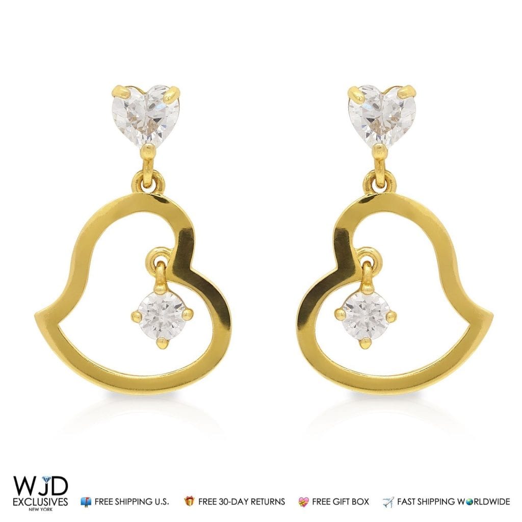 1Ct Created Diamond Heart Shape Dangle Earrings 14K Real Yellow Gold 0.8"
