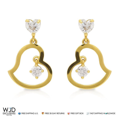 1Ct Created Diamond Heart Shape Dangle Earrings 14K Real Yellow Gold 0.8"