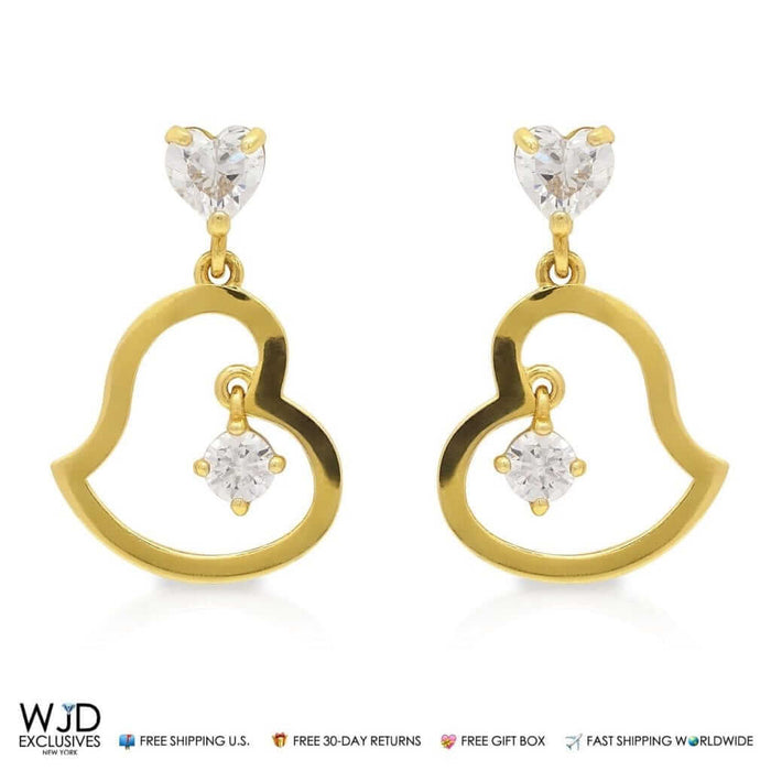 1Ct CZ Heart Shape Dangle Earrings 14K Real Yellow Gold 0.8"