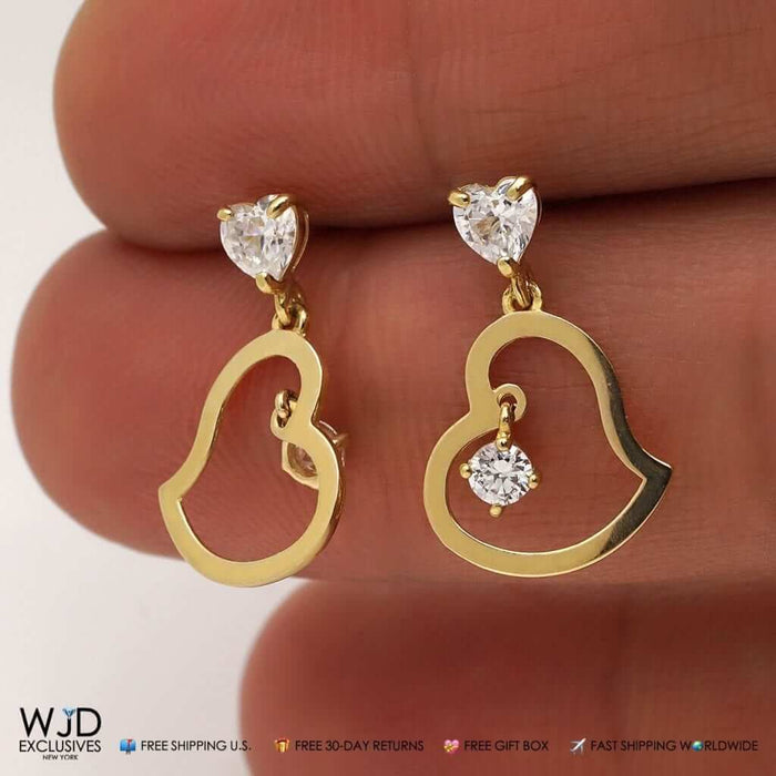 1Ct CZ Heart Shape Dangle Earrings 14K Real Yellow Gold 0.8"