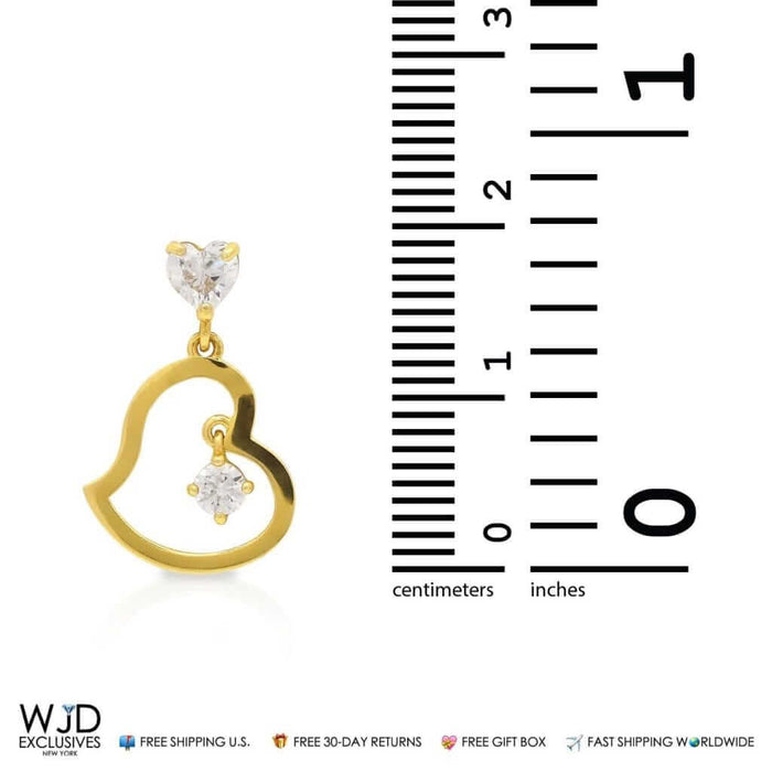 1Ct CZ Heart Shape Dangle Earrings 14K Real Yellow Gold 0.8"