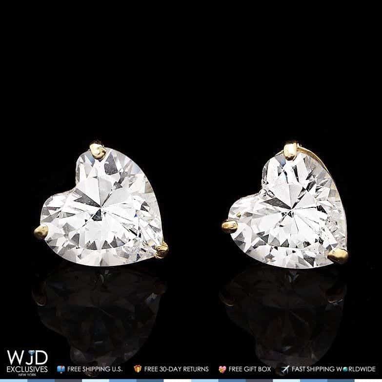1Ct CZ Heart Solid 14K Yellow Gold Stud Screw-Back Earrings