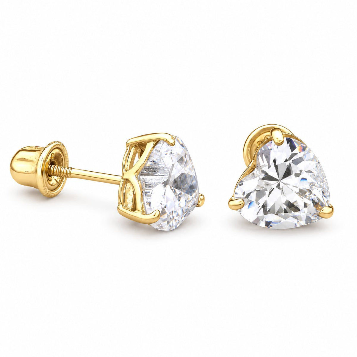 1Ct CZ Heart 14K Yellow Gold Stud Screw-Back Earrings