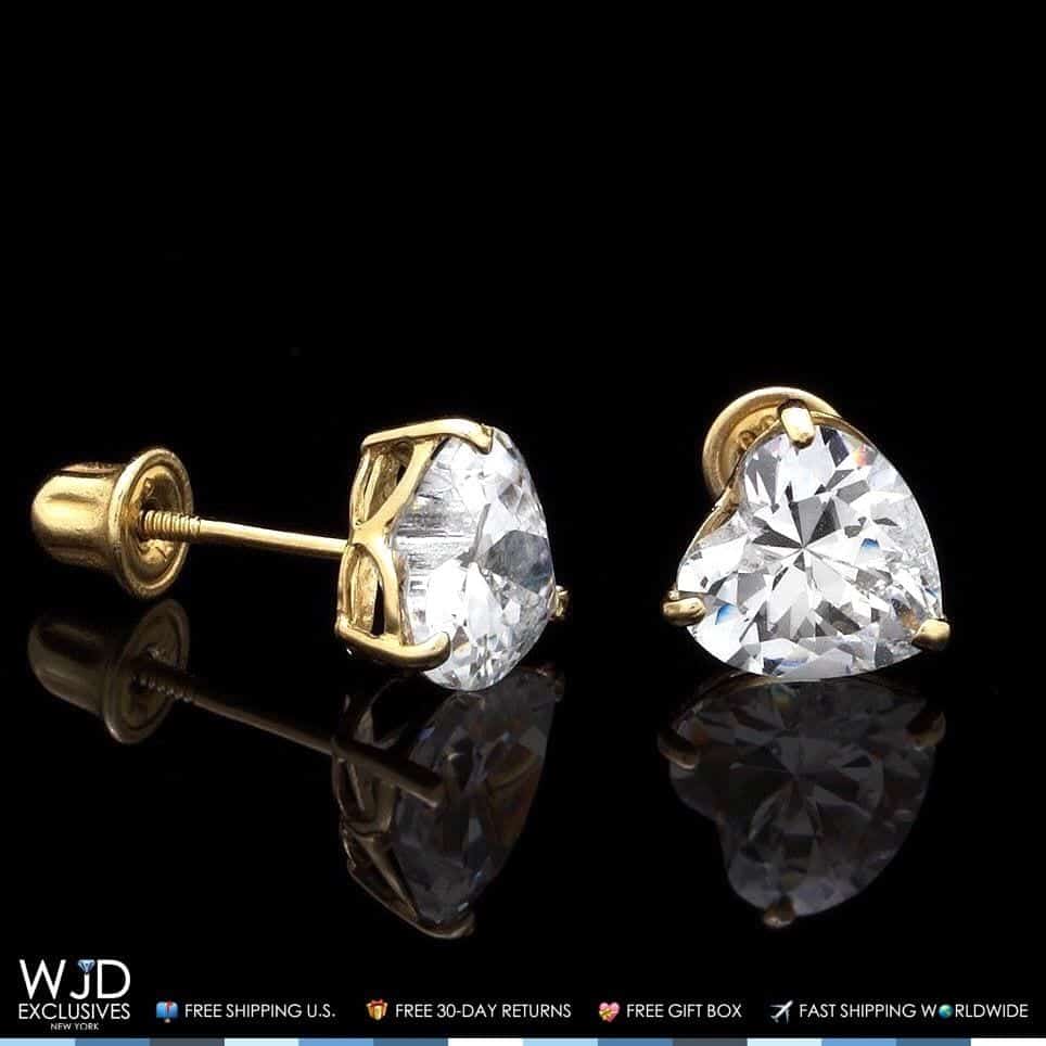 1Ct CZ Heart Solid 14K Yellow Gold Stud Screw-Back Earrings
