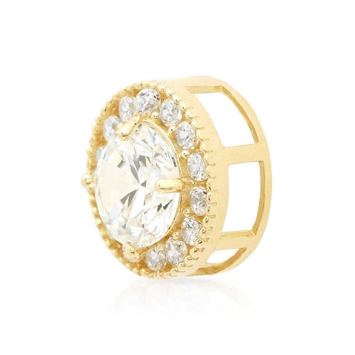 1Ct Round CZ 14K Yellow Gold Halo Solitaire Slide Pendant 9mm