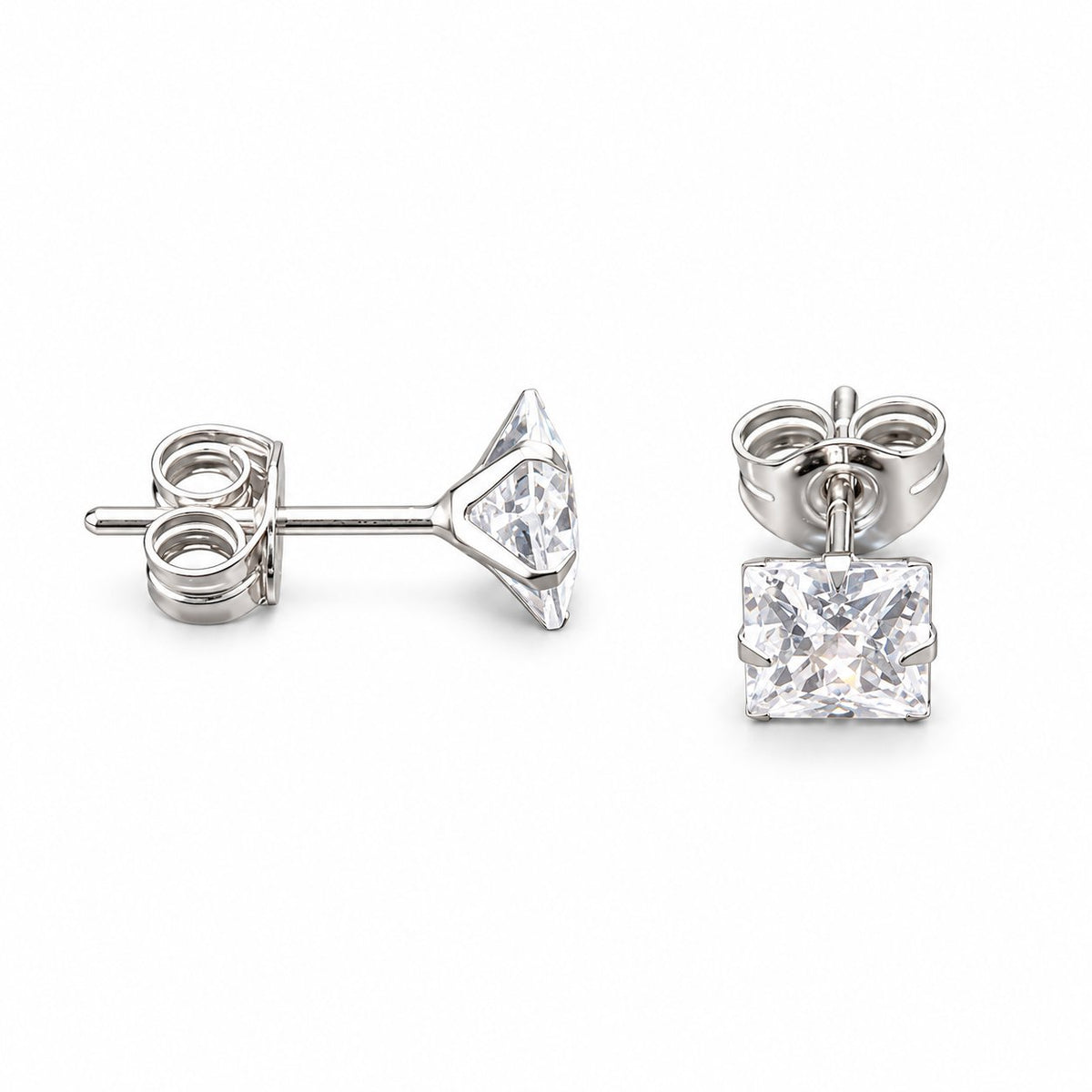 1Ct CZ 14K White Gold Princess-Cut Push Back Stud Earrings