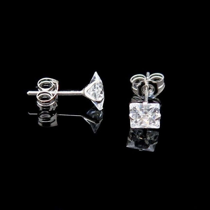 1Ct CZ 14K White Gold Princess-Cut Push Back Stud Earrings