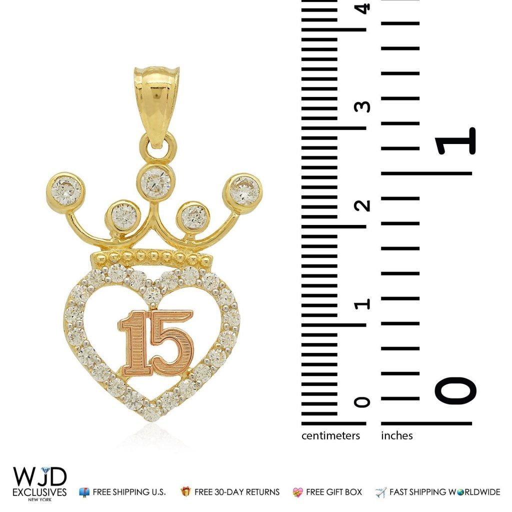 14k Solid Yellow Gold Created Diamond Sweet 15 Heart Charm Pendant