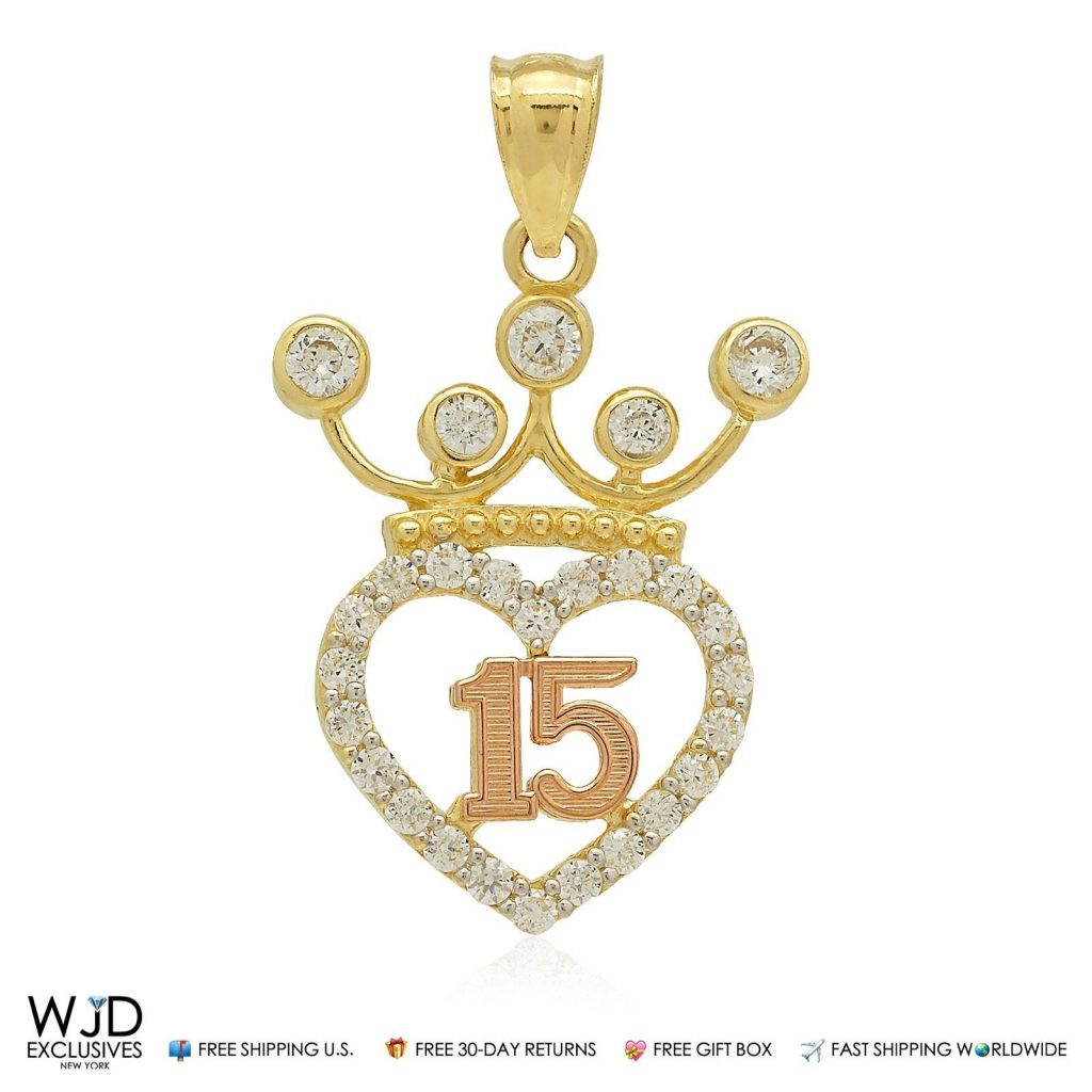 14k Solid Yellow Gold Created Diamond Sweet 15 Heart Charm Pendant