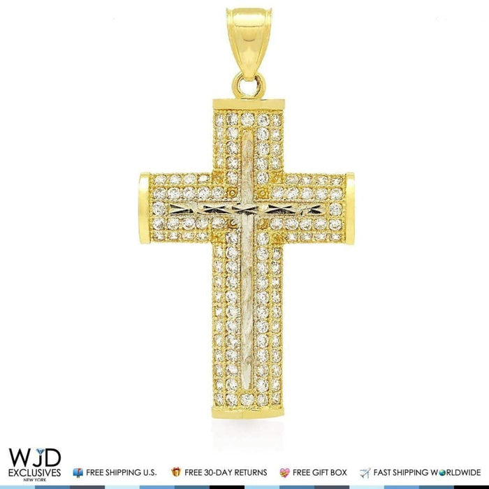 1Ct Created Diamond Two-Tone Cross Religious Charm Pendant 14k solid Yellow Gold