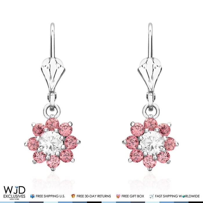 1Ct CZ Birthstone 14K White Gold Flower Dangle Leverback Earrings