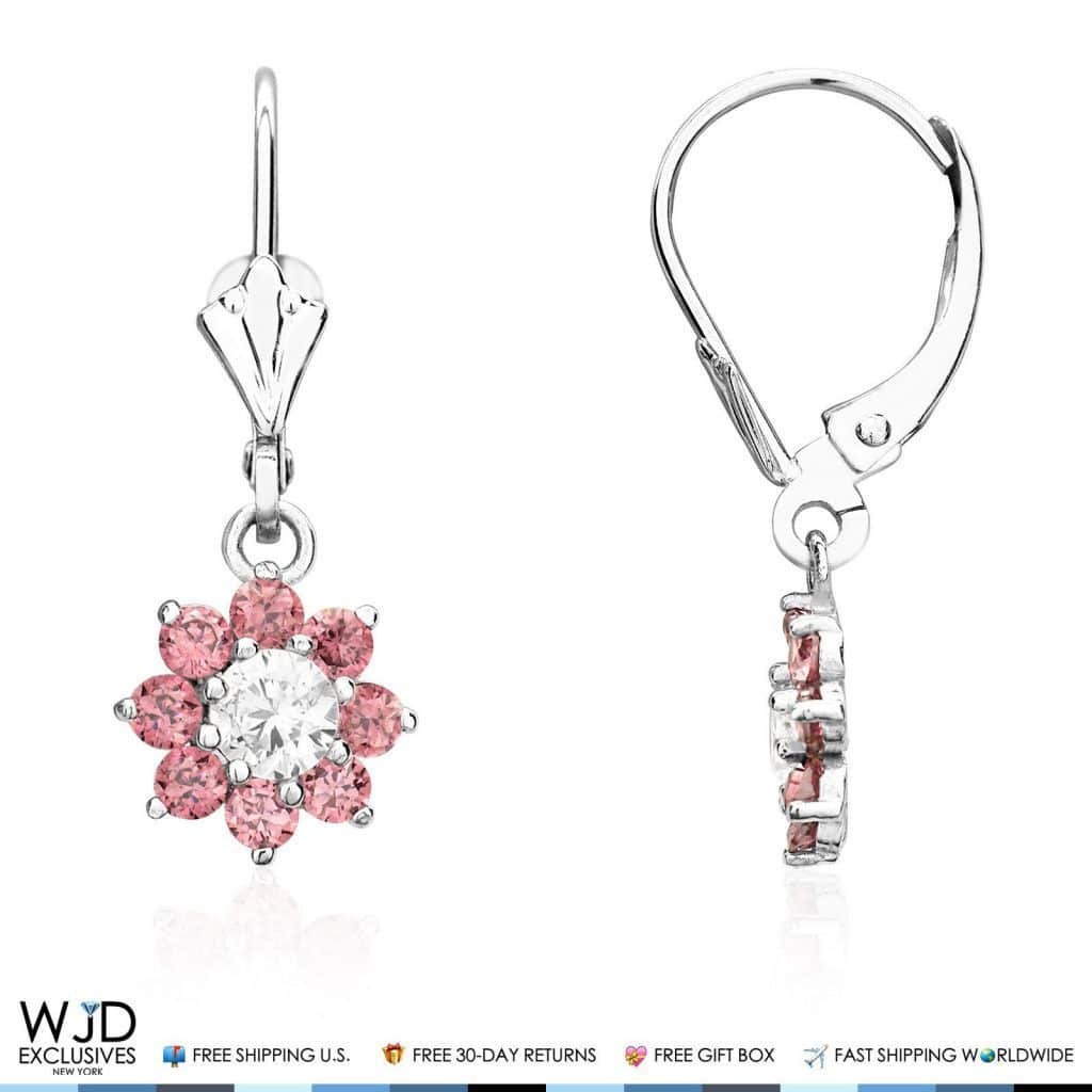 1Ct CZ Birthstone 14K White Gold Flower Dangle Leverback Earrings