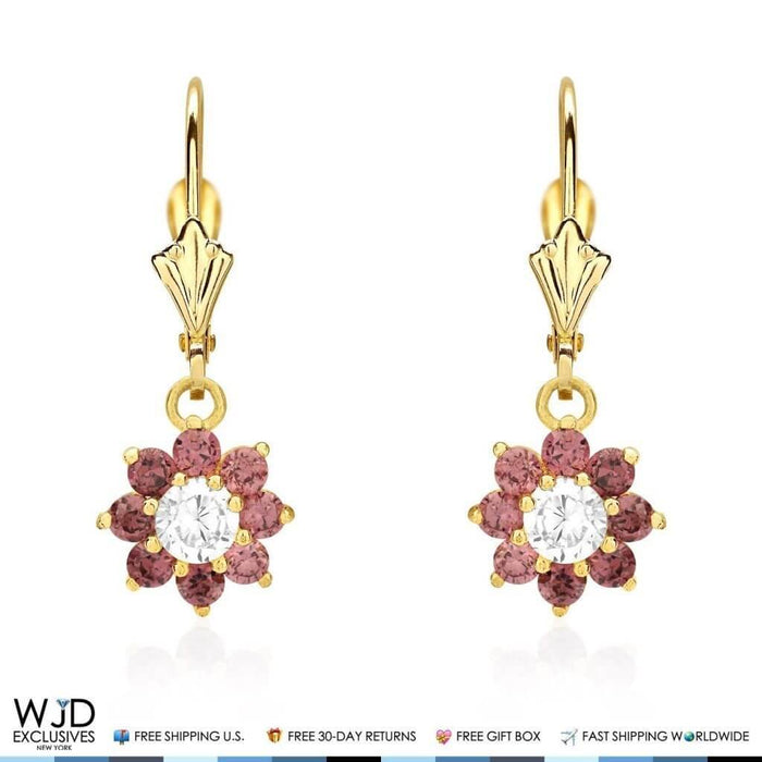 14K Yellow Gold CZ Birthstone Flower Dangle Leverback Earrings