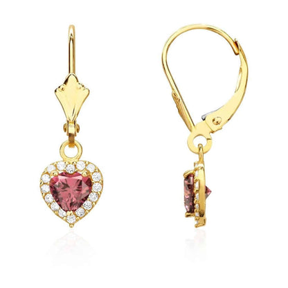 14K Yellow Gold 1Ct CZ Birthstone Heart Dangle Leverback Earrings