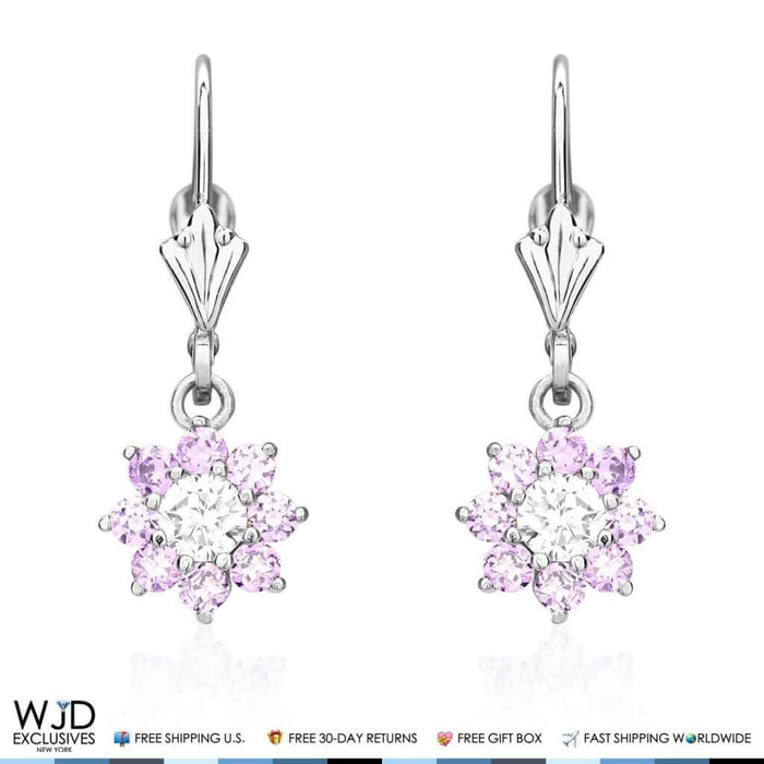 1Ct CZ Birthstone 14K White Gold Flower Dangle Leverback Earrings