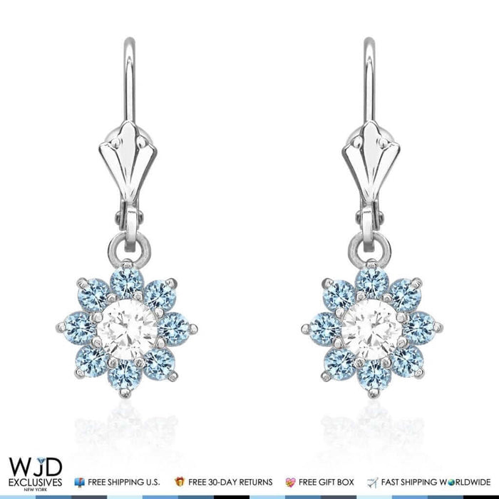 1Ct CZ Birthstone 14K White Gold Flower Dangle Leverback Earrings