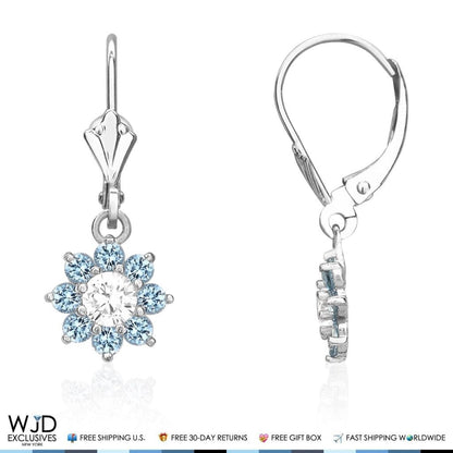 1Ct CZ Birthstone 14K White Gold Flower Dangle Leverback Earrings