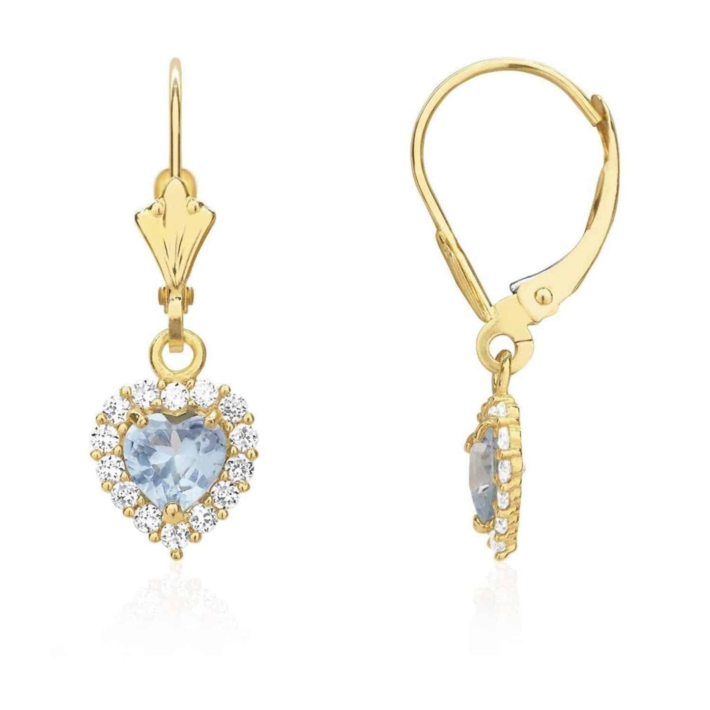 14K Yellow Gold 1Ct CZ Birthstone Heart Dangle Leverback Earrings