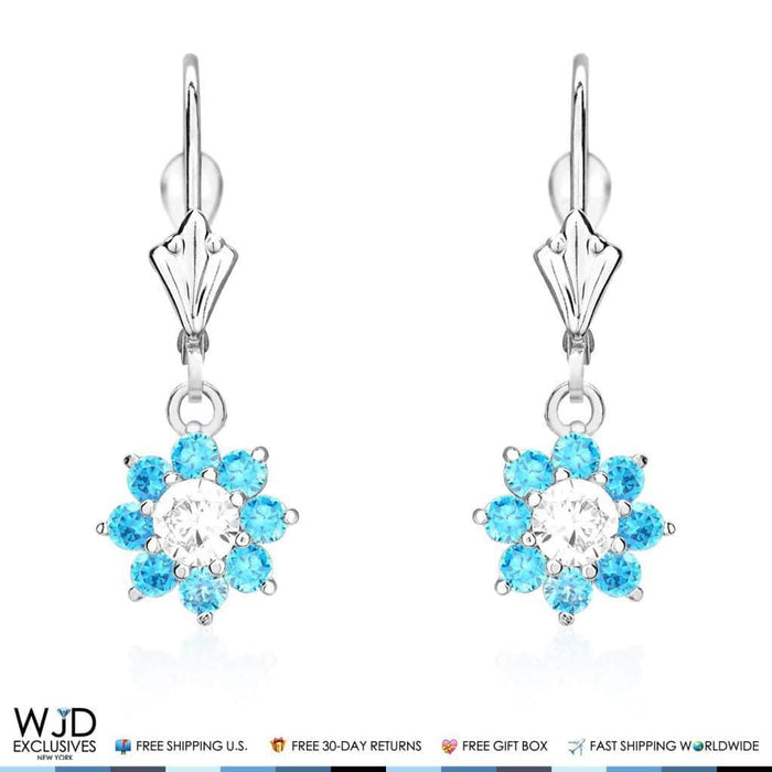 1Ct CZ Birthstone 14K White Gold Flower Dangle Leverback Earrings