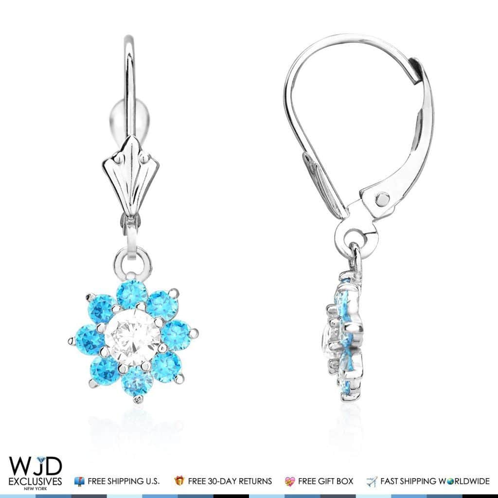 1Ct CZ Birthstone 14K White Gold Flower Dangle Leverback Earrings