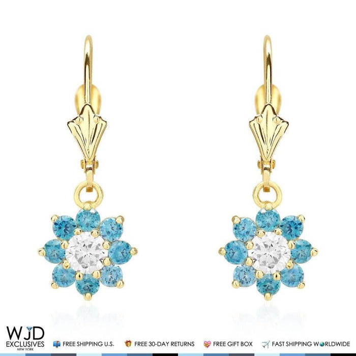 14K Yellow Gold CZ Birthstone Flower Dangle Leverback Earrings
