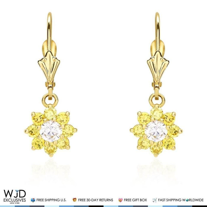14K Yellow Gold CZ Birthstone Flower Dangle Leverback Earrings