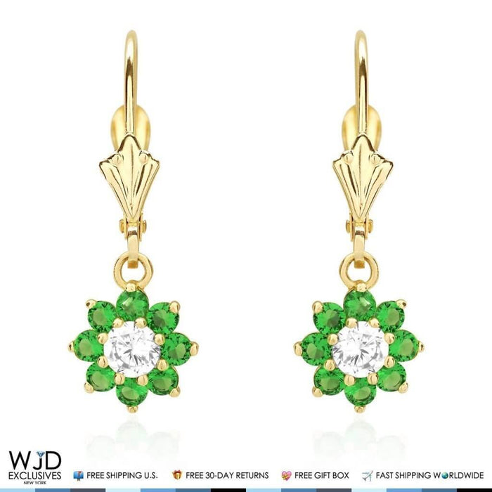 14K Yellow Gold CZ Birthstone Flower Dangle Leverback Earrings