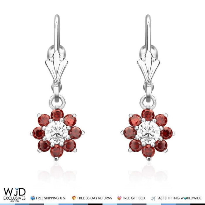 1Ct CZ Birthstone 14K White Gold Flower Dangle Leverback Earrings
