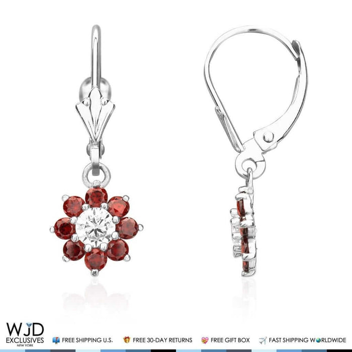 1Ct CZ Birthstone 14K White Gold Flower Dangle Leverback Earrings