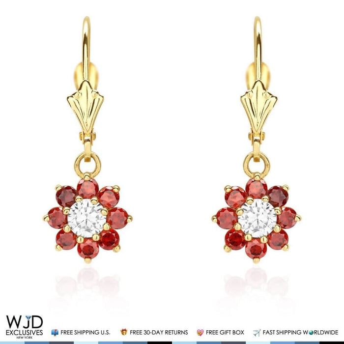 14K Yellow Gold CZ Birthstone Flower Dangle Leverback Earrings