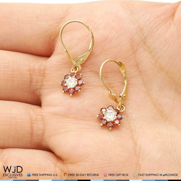 14K Yellow Gold CZ Birthstone Flower Dangle Leverback Earrings